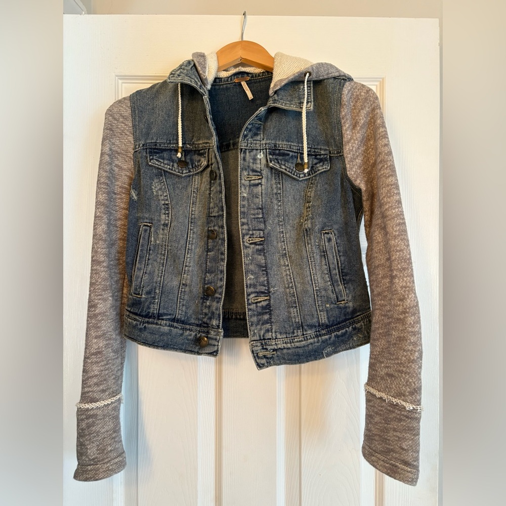 Free People Blue and Gray Jean Jacket with Knit Sleeves